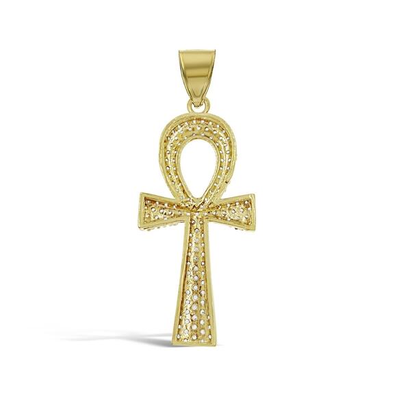 10K Yellow Gold Egyptian Ankh Cross Pendant Religious Mens CZ Charm - Picture 3 of 3